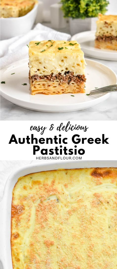 Greek Pastitsio or Pastichio is Greek comfort food at its best! This Greek layered casserole dish is compromised of luscious layers- pasta layers, an aromatic meat sauce layer, and a lusciously creamy and thick bechamel sauce. Authentic Greek Pastitsio Recipe, Greek Pastitsio Authentic, Greek Pasta Dishes, Pastitsio Recipe Easy, Pasticio Recipe Greek Pasta, Greek Pastitsio Recipe, Greek Lasagna Pastitsio, Pastitsio Recipe Authentic, Greek Comfort Food