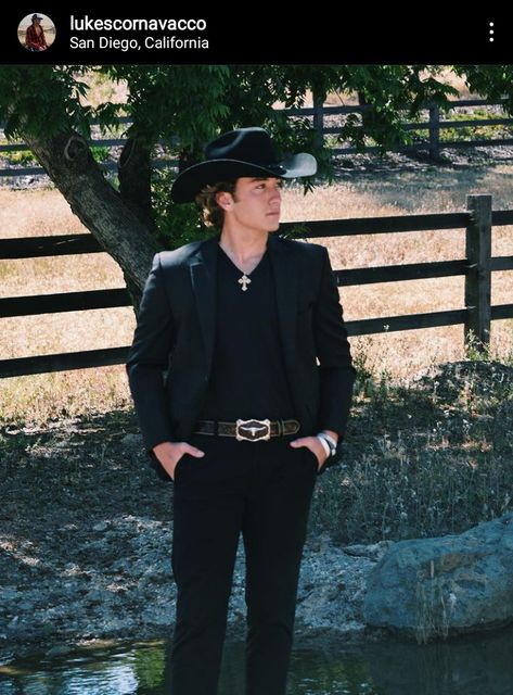 Black Western Suit Men, Black Cowboy Wedding Attire, All Black Cowboy Outfit For Men Wedding, Prom Outfits For Guys Country Cowboy Boots, Formal Cowboy Outfits Men Black, Black Western Groom Attire, Cowboy In A Suit, Western Semi Formal Attire Men, Suits With Cowboy Hats