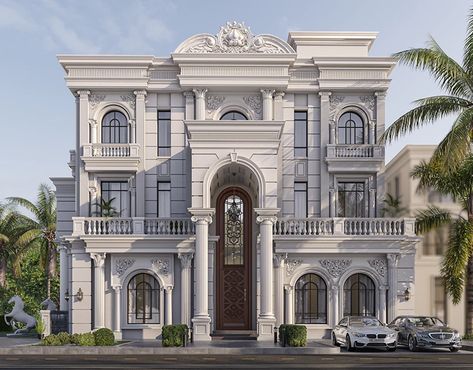 Neo Classic Building, Neo Classical Elevation, Neo Classic Villa Exterior, Neoclassic Exterior, Neo Classic Villa, Classic Villa Exterior, New Classic Villa, Villa Classic, Stair Design Architecture