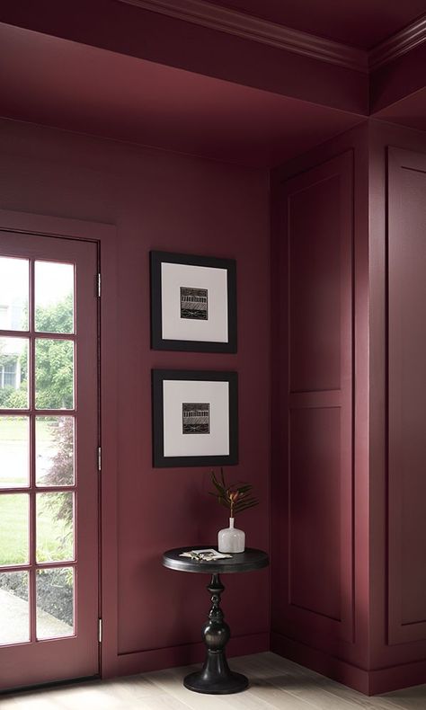 Announcing the Behr Color of the Year 2025 – Rumors. Add warmth and rich allure with this ruby red paint color and find inspiration to incorporate into your spaces. Behr Color Of The Year, Colours Interior Design, Burgundy Paint Colors, Burgundy Paint, Red Paint Colors, Living Room And Kitchen Design, Behr Colors, Airbnb Design, Behr Paint