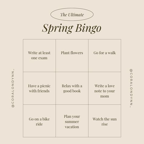 what to do in spring, spring bucket list, selfcare ideas - @coralondynn_ on Instagram Bucket List Bingo, Selfcare Bucket List, Spring To Do, Spring Bucket List Aesthetic, What To Do In Spring, Spring Movies, Spring List, March Aesthetic, Spring Movie