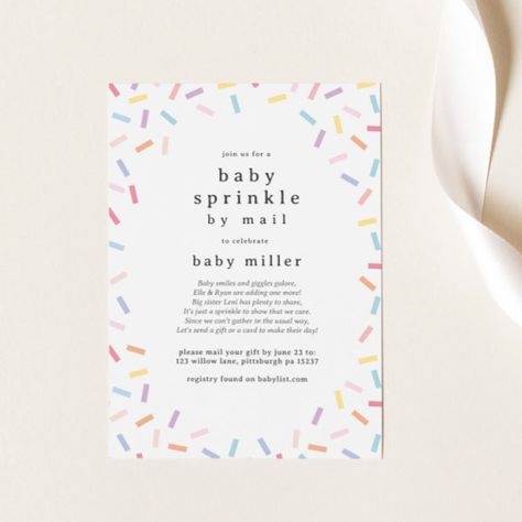 Long Distance Baby Sprinkle By Mail Sprinkles Invitation Baby Sprinkle Invitations Wording, Sprinkle Decorations, Baby Sprinkle Decorations, Sprinkle Baby Shower Invitations, Sprinkle Ideas, Sprinkles Design, Rainbow Invitations, Baby Sprinkle Invitations, Gender Neutral Baby Shower Invitations