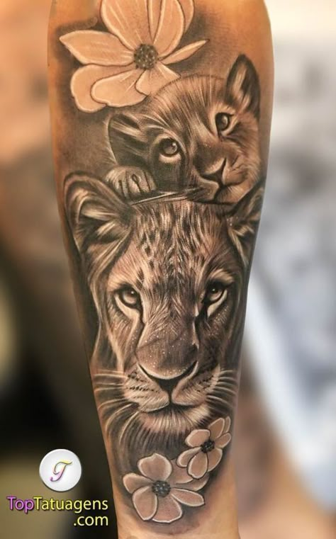 Lion With Flowers, Lioness And Cub Tattoo, Mama Tattoos, Female Lion Tattoo, Cubs Tattoo, Tier Tattoo, Lioness Tattoo, Lion Tattoos, Female Lion