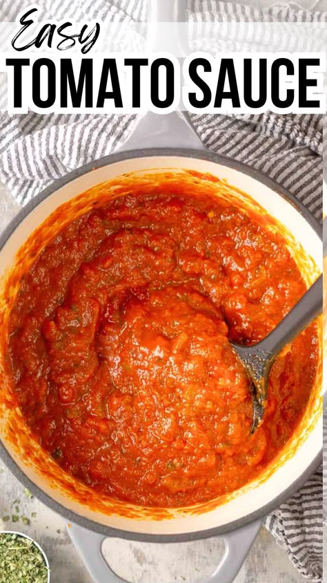 image of tomato sauce in saucepan with black stirring utensil. Title text: Easy Tomato Sauce Quick Homemade Tomato Sauce, Tomato Sauce For Lasagna, Simple Tomato Sauce Recipe, Pasta Sauce With Tomato Paste, Tomato Sauce From Canned Tomatoes, Easy Tomato Sauce Recipe, Italian Tomato Sauce Recipe, Tomato Sauce Homemade, Quick Tomato Sauce