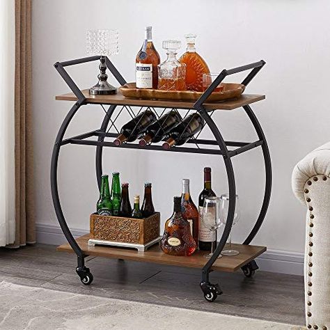 Wine Cart Ideas, Rustic Bar Cart, Liquor Cart, Round Bar Cart, Industrial Bar Cart, Kitchen Carts On Wheels, Wine Rack Table, Wine Cart, Bar Serving Cart