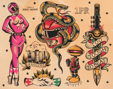 MORPHIN' TIME Traditional Tattoo Flash Print Power Rangers Traditional Tattoo, Flash Gordon Tattoo, Moonshine Jug Tattoo, American Traditional Cover Up, Nerdy Traditional Tattoo, Traditional Old School Tattoo Flash, Pinup Tattoo Traditional, Funny Traditional Tattoos, Traditional Tattoo Flash Sheet