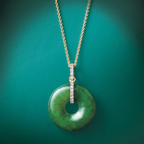 Green Nephrite Jade Pi & Diamond Pendant Necklace – Gump's Jade Pendant Design, Diy Wire Jewelry Rings, Jade Necklace Pendant, Wire Jewelry Rings, Bring Good Luck, Diy Wire Jewelry, Nephrite Jade, Jade Necklace, Jade Jewelry