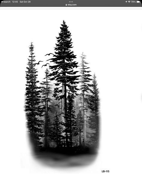 Tree Line Tattoo Design, Arm Forest Tattoo, River Tattoo Design, Dark Forest Tattoo Design, Forest Tattoo Sleeve Design, Forest Scene Tattoo, Forest Tree Tattoo, Forest Theme Tattoo, Pine Tree Tattoo Designs