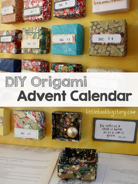 Origami Advent Calendar (Little Book, Big Story). Box Advent Calendar, Jesse Tree Ornaments, Origami Ornaments, Paper Quilt, Origami Instructions, Origami Box, A Child Is Born, Diy Origami, Christmas Packaging