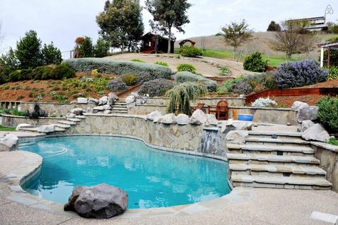 Hillside Pool, Sloped Backyard Landscaping, Dream Backyard Pool, Sloped Yard, Sloped Backyard, Diy Swimming Pool, Gunite Pool, Backyard Pool Landscaping, Building A Pool