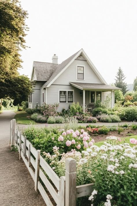 Farmhouse Cottage Landscaping, Country Cottage Outside, Old White Farmhouse Exterior, Modern Cottage Homes Exterior, Small Farmhouse Exterior, Vintage Farmhouse Exterior, Small Cottage Exterior, Cottage Style Homes Exterior, Old Time Farmhouse