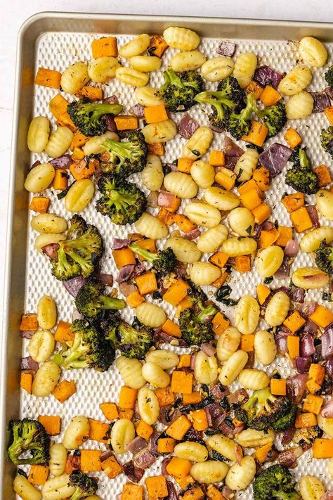 Brown Butter Sheet Pan Gnocchi with Vegetables - The Recipe Well Sweet Potato And Gnocchi Recipe, Gnocchi And Sweet Potato Recipes, Sheet Pan Sausage And Gnocci, Fall Veggie Sheet Pan, Gnocchi Recipes Sheet Pan, Sheet Pan Gnocchi And Vegetables, Squash Gnocchi Recipes, Gnocchi Sheet Pan Dinner, Gnocchi With Vegetables