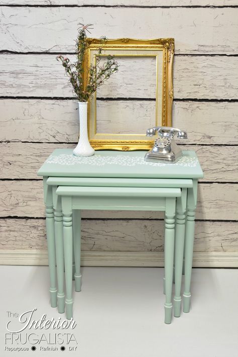 Vintage turned leg nesting tables chalk painted with Jacobean floral stenciled tops. Shabby Chic Nest Of Tables, Painted Nesting Tables, Small Double Sink Vanity, Vintage Tea Cart, Farmhouse Thrift Store Makeovers, Bathroom Vanity Makeover, Tea Cart, Cottage Market, Nest Of Tables