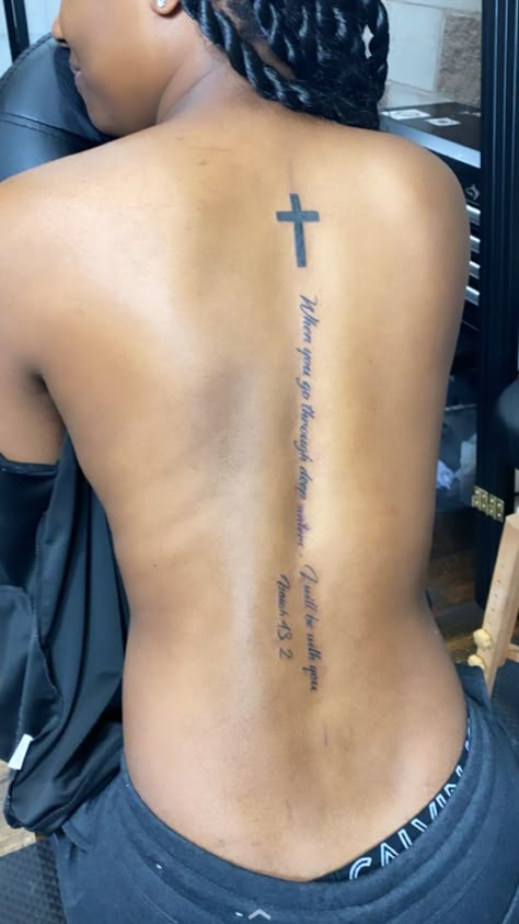 Name Tattoo Down Spine, Back Tatoo For Black Women, Blessed Spine Tattoo, Black Girls Spine Tattoo, Healing Tattoo Ideas Black Women, Back Tattoo Ideas Black Women, Cute Spin Tattoos For Women, Bible Spine Tattoos For Women, Scripture Spine Tattoos For Women