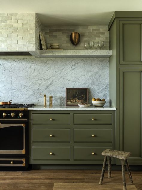 Dark Green Kitchen, Sage Green Kitchen, Appliance Pulls, Light And Dwell, Green Kitchen Cabinets, Cabinet Paint Colors, Coastal Home Decor, Marble Backsplash, All White Kitchen