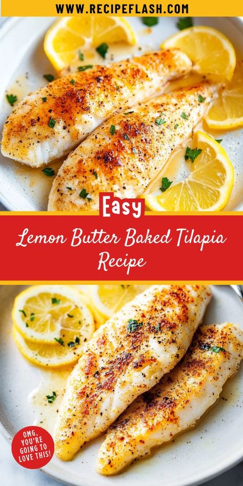 Searching for an easy yet impressive seafood dinner option? Look no further than this Lemon Butter Baked Tilapia! With its rich buttery flavor and bright lemon notes, it’s a dish that’s sure to wow. Be sure to save it for your next delicious seafood dinner! Meal Prep With Tilapia, Lemon Butter Tilapia Baked, Baked Tilapia Recipes Oven, Tilapia Recipes Baked, Best Tilapia Recipe, Tilapia Dinner, Lemon Tilapia, Baked Tilapia Recipes, Fish Meals