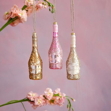 Ornaments - Glitterville Studios Girly Christmas Ornaments, Glitterville Studios, Glitter Champagne Bottles, Bottle Ornaments, Decor For Party, Champagne Christmas, Heirloom Ornaments, Girly Christmas, Glitter Champagne