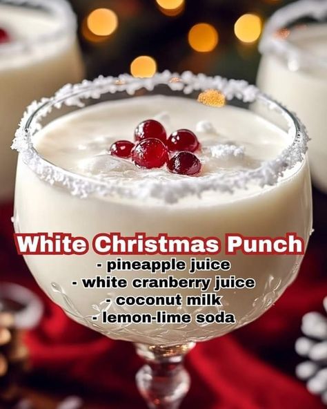 White Christmas Punch With Coconut Milk, White Cranberry Punch, White Christmas Punch, Christmas Drinks Recipes, White Cranberry Juice, Christmas Punch Recipes, Holiday Punch, Drink Recipes Nonalcoholic, Christmas Punch