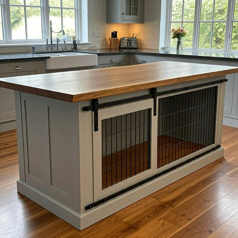 Dog crate kitchen island in light grey with medium oak worktop. Provides a safe space for your dog where they cannot get into potentially dangerous situations, such as chewing on electrical cords or eating harmful substances. Space saving design. #dogcages #dog #dogcage #dogs #puppies #petproducts #pet #dogcrate #cab #doghouse #cages #dogbed #k #dogkennel #pets #kennels #petbed #dogbox #dogwalker #petcage #frenchie #dogcare #dogsofinstagram #crate #catscratcher #stainlesschain #dogoftheday ... Dog Crate Island, Dog Crate Kitchen Island, Dog Kennel Designs Indoor, Dog Crate Kitchen, Dog Eating Area, Hidden Dog Crate, Indoor Dog Kennel Ideas, Built In Dog Crate, Diy Dog Crate Furniture