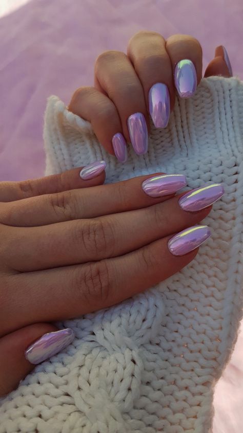 Unicorn Purple Nails, Purple Chrome Ombre Nails, Purple Nails With Chrome Powder, Unicorn Pink Nails, Lavender Unicorn Chrome Nails, Purple Unicorn Chrome Nails, Pink And Purple Chrome Nails, Pearlescent Purple Nails, Purple Irridescent Nails Almond