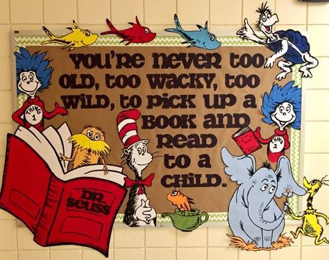 Disney Themed Reading Bulletin Board, Dr Seuss Reading Bulletin Board, Book Week Bulletin Board Ideas, Dr Seuss Library Ideas, Dr Suess Bulletin Board Ideas Preschool, Dr Seuss Bulletin Board Ideas Preschool, Dr Seuss Hallway Decorations, Dr Suess Bulletin Board Ideas Toddlers, Dr Suess Bulletin Board Idea