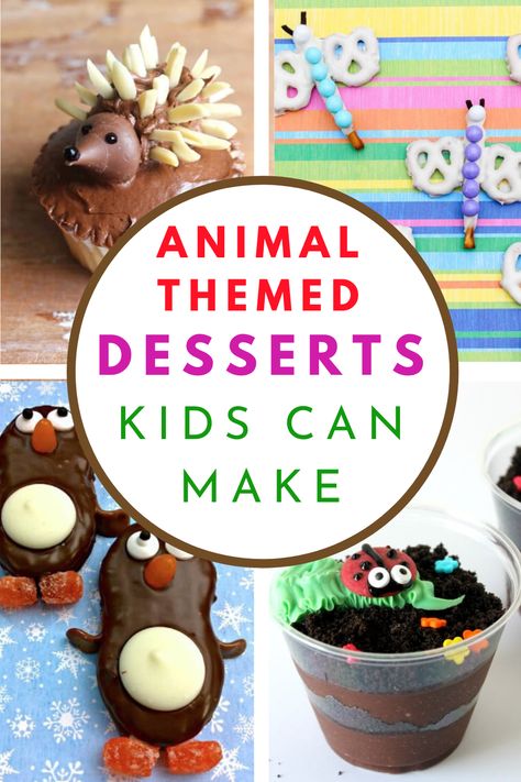 Fun indoor kids activities at home -- Easy Animal Themed Desserts Kids Can Make. Includes hedgehog chocolate cupcakes, penguin Nutter Butter cookies, and ladybug dirt pudding cups. Baking ideas for kids Animal Themed Party Snacks, Animal Theme Desserts, Easy Fun Desserts For Kids, Kid Food Art, Fun Food For Kids To Make, Kid Food Crafts, Kids Deserts Ideas Fun, Kids Baking Ideas Easy, Fun Treats To Make With Kids