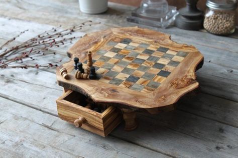 Rustic chessboard made of olive wood. Handmade. It contains 2 drawers for storing pieces. The 32 pieces are included.  ═══════Size════════  Dimension: 29 cm x 29 cm . approx  Playing area measures 15 cm x 15 cm approx  ═══════Details═══════  Each piece has its own unique and unrivaled quality. Each Chess Ideas, Outdoor Chess, Classy Gift Ideas, Chess Art, Metal Chess Set, Surprise Gifts For Him, Angel Spirit, Classy Gifts, Wood Chess Set