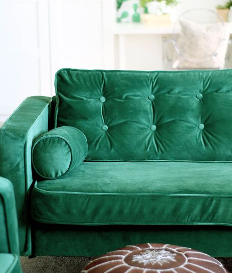 Velvet Sofa Covers – Style over Practicality? We Don’t Think So! Friheten Sofa, Ikea Karlstad Sofa, Small Condo Decorating, Karlstad Sofa, Emerald Fabric, Ikea Sofas, Velvet Sofa Bed, Different Interior Design Styles, Comfort Words