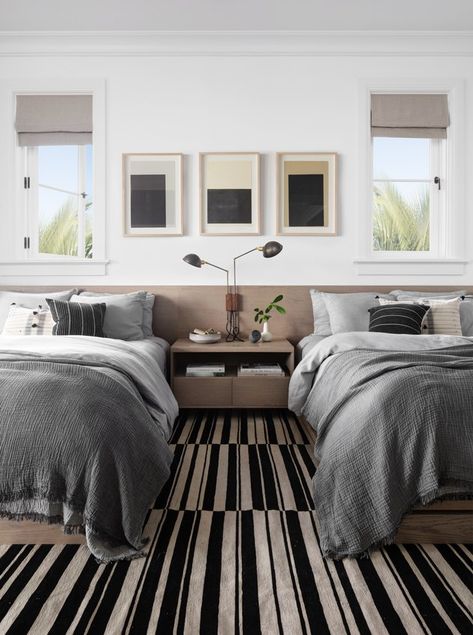 No Lie: These 10 Black-and-White Bedroom Ideas Will Stand the Test of Time | Hunker Room With Two Beds, Twin Beds Guest Room, Twin Bedroom, Teen Room, White Bedroom, Guest Bedrooms, Boys Room, Bed Room, Guest Bedroom