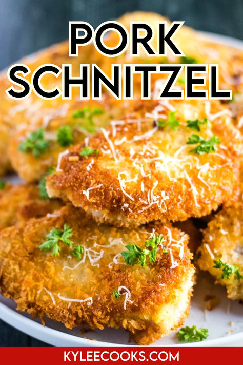 An image of Pork Schnitzel on a white plate Baked Pork Schnitzel Recipe, Schnitzel Latkes, Pork Snitzel, German Pork Schnitzel, Weiner Schnitzel, Pork Schnitzel Recipe, Pork Cutlet Recipes, Schnitzel Recipe, German Food Authentic