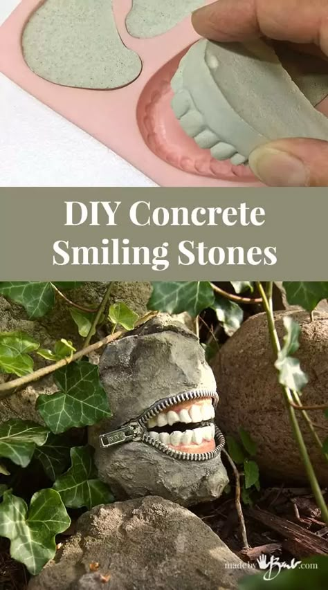 DIY Concrete Smiling Stones - Made By Barb - zippered toothy laughs Halloween Teeth, Cheap Diy Halloween Decorations, Dekorasi Halloween, Cement Projects, Cement Diy, Concrete Diy Projects, Concrete Ideas, Concrete Crafts, Concrete Garden