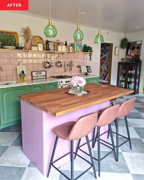 See an Awkward Kitchen's Cheery Pink and Green Renovation | Apartment Therapy French Country Entryway, Art Neuvo, Country Entryway, Kitchen Table Farmhouse, Ikea Units, Kitchen Cost, Upper Kitchen Cabinets, Entryway Decor Ideas, Tiles Kitchen