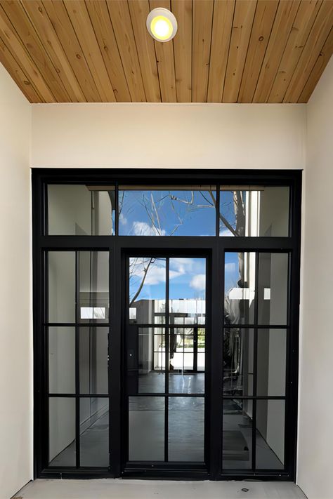 This is our Steel French single door, with sidelights with transom. French Doors With Transom, Homestead Property, French Door Windows, Door With Sidelights, Exterior Door Designs, Steel Doors Exterior, Rod Iron, Doors Design, Doors Exterior