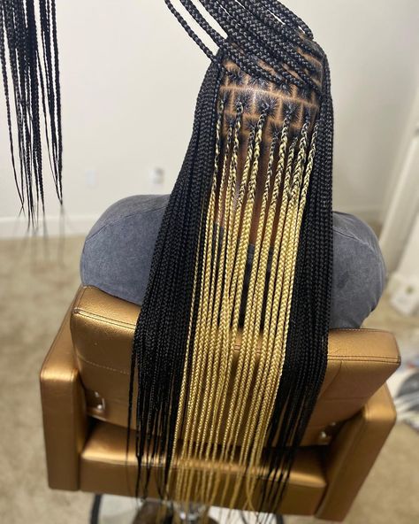 Pritty britty 🐝 on Instagram: “Peek-a-boo blonde for the birthday girl 🎉 #brittybraids #brittybraidedyou #knotlessbraids #dmvknotless #peekabooknotless” Black And Blonde Box Braids Peek A Boo, Black And Brown Peekaboo Knotless Braids, Black And Brown Box Braids Peekaboo, Black Braids With Brown Peekaboo, Peekaboo Box Braids, Knowles’s Peekaboo Braids, Black Hair Protective Styles, Peekaboo Hair Colors, Protective Braids