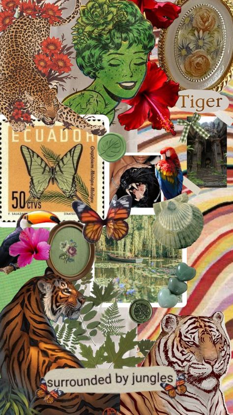 #jungle #tiger #aesthetic #tropical #plants #flowers #cheetah #animals #leaves Jungle Collage, Tiger Aesthetic, Aesthetic Tropical, Jungle Tiger, Bedroom Prints, Plants Flowers, Tropical Plants, Create Collage, Creative Play