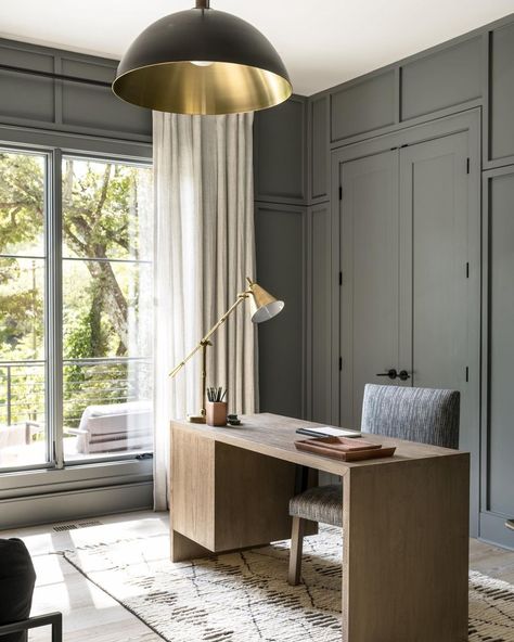 Dark Office Cabinets, Modern Moody Office, Cb2 Office, Moody Green Office, Home Office Curtains, Modern Organic Office, Organic Modern Office, Moody Office Inspiration, Dark Moody Office