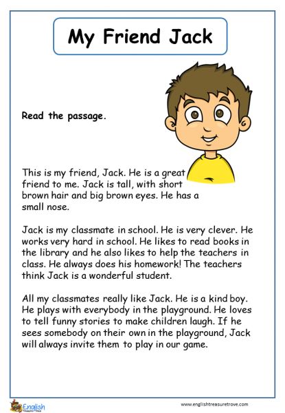 My Friend Jack English Comprehension Worksheet – English Treasure Trove English Text For Beginners, Reading Text For Kids, English Text Reading, English Language Activities, Text English, Reading Comprehension For Kids, English Stories For Kids, Reading Comprehension Lessons, Grammar For Kids