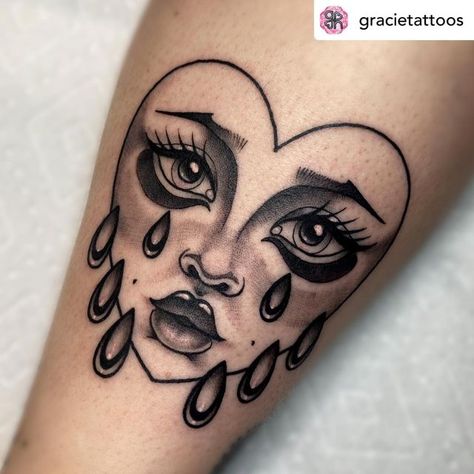 Love Heart Face Tattoo, Tears Of A Clown Tattoo, Heart With Face Tattoo, Crying Eye Tat, Crying Heart Old School, 2024 Drawing, Lil Tattoos, Arm Tats, Small Tats