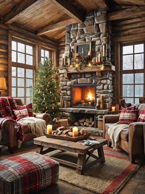 Holiday Haven: Create a cozy winter retreat with a rustic cabin theme Adorn your living room with plaid blankets and fluffy throw pillows, complemented by a crackling fireplace and woodland-inspired accents Vintage Ski Lodge Decor, Vintage Ski Lodge, Cabin Christmas Decor, Cabin Theme, Ski Lodge Decor, Ski Cabin, Rustic Wooden Table, Cabin Christmas, Christmas Decorations Living Room