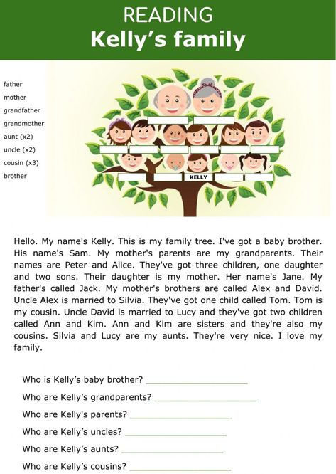 Family Tree Worksheet For Kids, Family Members Worksheet, Family Tree Worksheet, Family Worksheet, Kids Math, Family Reading, Kids Math Worksheets, English As A Second Language (esl), Grammar Worksheets