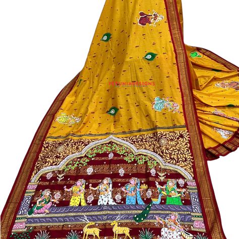 This handloom cotton saree showcases the timeless art of Pattachitra painting on its pallu, depicting the divine love of Radha Krishna. The exquisite motifs of the painting are beautifully complemented by intricate designs adorning the saree's border. Crafted with care, this saree comes with a matching blouse fabric, completing the ensemble. Embrace the grace and artistic allure of this traditional handloom cotton saree, a true masterpiece of craftsmanship. Love Of Radha Krishna, Handloom Cotton Saree, Saree Painting, Divine Love, Saree Border, Timeless Art, The Grace, Intricate Designs, Blouse Fabric