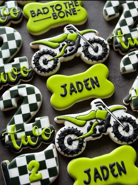 Ride Into 5 Birthday, Biker Birthday Party, Dirtbike Birthday Party Ideas, Motorcycle 3rd Birthday Ideas, Motocross 1st Birthday Party, Motocross Party Ideas, Bad 2 The Bone Cookies, Dirt Bike Cookies, Dirt Bike Cupcakes