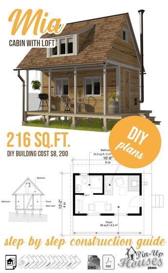 The 27 Best Small Cabin Plans (Garden Shed Plans, Micro Cottages, Small Houses) - Small Wooden House Plans | Micro Cabin Plans | Garden Shed Plans | Cottage Blueprints Small Cabin Plans Tiny Cottages, Tiny Cabin Layout, Porch Small House, Tiny House With Porch, Tiny Cabin Floor Plans, Cabin With Porch, Rustic Cabin Plans, Tiny House With Loft, Cottage Blueprints