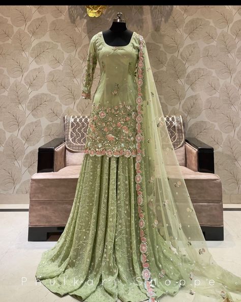 Sage Green Sharara, Sage Green Punjabi Suit, Wedding Dresses Punjabi, Sage Green Indian Wedding, Sage Green Indian Outfit, Sage Green Lengha, Fancy Lehenga Party Wear, Green Suits Women Indian, Green Punjabi Suit