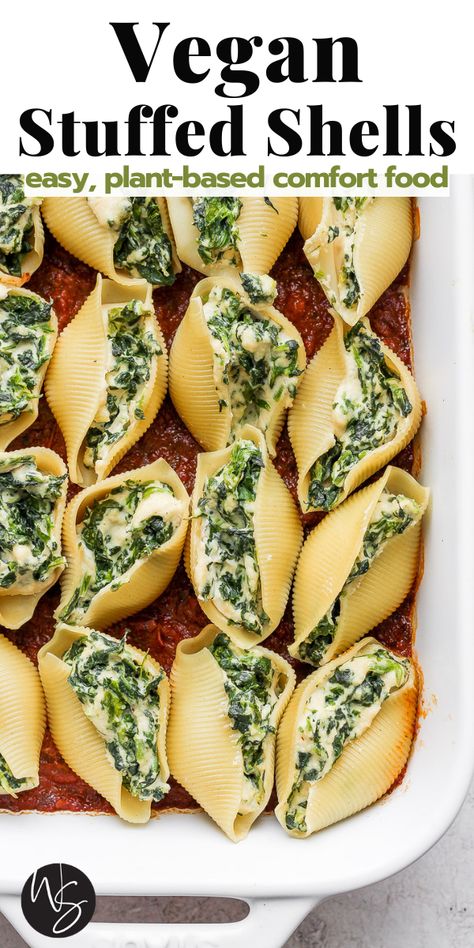 Pan of Vegan Stuffed Shells Vegan Stuffed Shells, Salad Prep, Plant Based Recipes Dinner, Plant Based Recipes Easy, Plant Based Diet Recipes, Vegan Pasta Recipes, Vegan Meal Plans, Tasty Vegetarian Recipes, Vegan Meal Prep