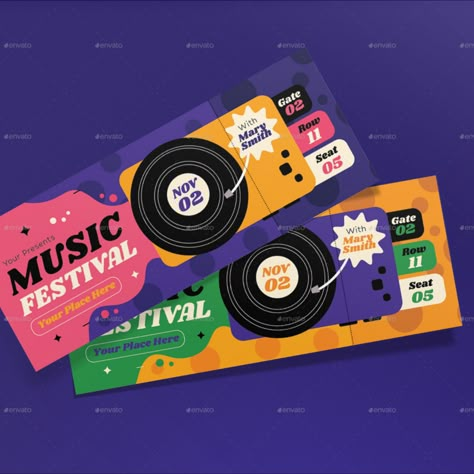 Purple Flat Design Music Festival Ticket Music Festival Ticket Design, Ticket Design Vintage, Event Ticket Design, Festival Ticket, Music Tickets, Ticket Style, Music Logo Design, Event Tickets, Festival Music