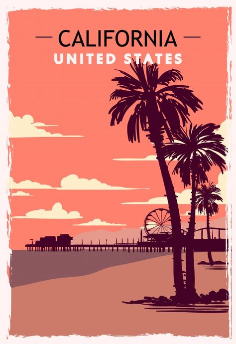 California retro poster. usa california ... | Premium Vector #Freepik #vector #city #beach #sea #sky Pier Santa Monica, Rhode Island Travel, Happy Columbus Day, South Dakota Travel, Indiana Travel, Iconic Poster, California Poster, Nevada Travel, California Modern