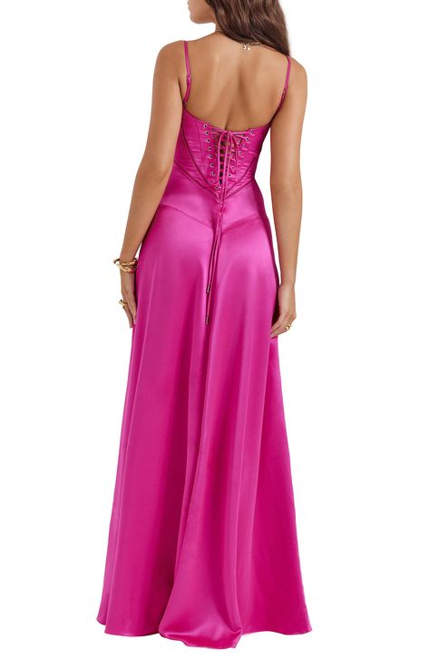 A sculpting corset-inspired bodice shapes this glamorous satin gown punctuated with a laced-up back. Exclusive retailer 52" length (size X-Large) Square neck Adjustable straps Unlined 75% acetate, 25% polyester with 80% polyamide 20% elastane contrast Dry clean Imported Fuschia Prom Dress, Fuschia Bridesmaid Dresses, Summer Ball, Formal Ideas, Prom Dress Inspo, Fuschia Dress, Junior Prom, Prom Inspo, Prom 2024