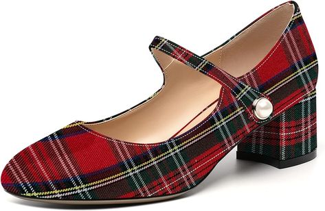 Amazon.com | ROSERWISH Women's Velcro Strap Chunky Round Toe Ankle Strap Uniform 2 Inch Cute Low Heel Pumps Shoes Red Plaid Size 8.5 - Zapatos Con Tacon de Mujer | Pumps Holiday Shoes Christmas, Tartan Shoes, 1940s Shoes, Height Measurement, Christmas Shoes, Holiday Shoes, Mid Heels Pumps, Low Heel Pumps, Round Toe Pumps