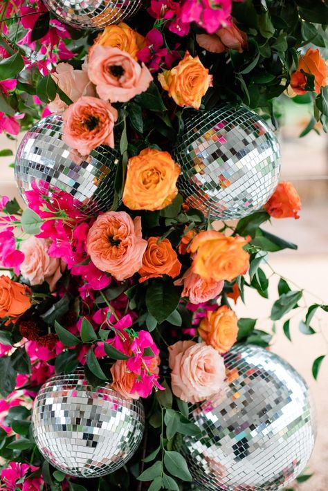 Flowers With Disco Balls, Wedding With Disco Ball Decor, Wedding Decor With Disco Balls, Disco Vintage Wedding, Disco Ball Wedding Flowers, Floral Disco Ball Wedding, Garden Party Disco Ball, Disco Ball Event Decor, Bright Disco Wedding